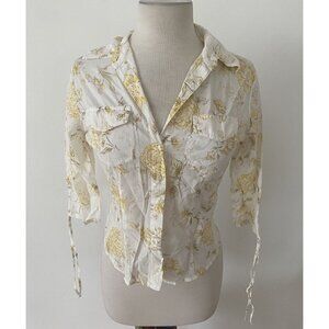 PERISCOPE Yellow White Floral Button Down Shirt SIZE S Juniors Women’s